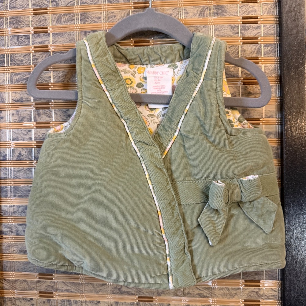 Shabby Chic Corduroy Vest Baby Girl 6-9M Green Floral Quilted Bow Cottagecore